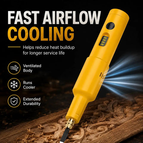 No Fuss Cordless Electric Wood Carving Tool With Kickass Battery Life And Hella Smooth Blade Swaps for cooled operation and durability.