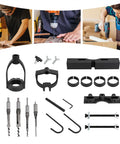 Heavy Duty Drill Press Mortising Attachment Kit With Four Precision Chisels And Steel Rings, featuring chisels and clamps.