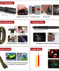 251 Piece Survival Gear Kit With MOLLE Compatible Bag And Emergency Tent includes flashlight, paracord bracelet, tactical pen, cord, and light stick.