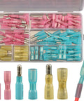 Heat Shrink Bullet Wire Connectors Kit 110 Pcs Waterproof Marine Grade Terminals in assorted sizes and colors, open case view.