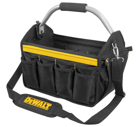 Open Top Tool Carrier With 23 Pockets And Sleeves 14 Inch storage showing padded shoulder strap and bar handle.