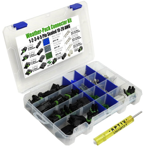 Super Durable 373 Piece Weatherpack Connector Kit With Removal Tool Male Female Terms And Housings In 1 To 5 Pin Configs For 20 Amp Wires 10 20 Gage Perfect For Any Auto Repair Job, plastic organizer open