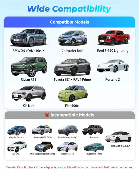 Image showing compatible and incompatible electric vehicle models for Portable Nacs To J1772 Charging Adapter With 80 Amp 250 Volt Rating.