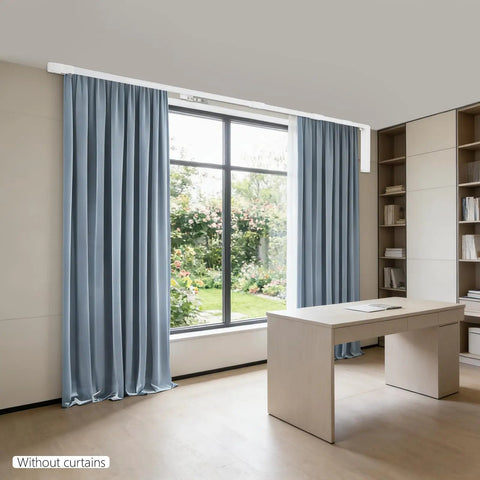 Electric Curtain Track With Retractable Motor For 7 To 17 Feet, Smart App Control And Manual Override, Auto Curtain Opener With Gentle Pull Activation, No Fuss Fit For I Rail And U Rail Systems, Ideal For Modern Smart Home Curtain Automation on blue drapes in a modern office room