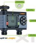 HydroLogic Digital Hose Timer Dual Zone Watering Controller Bundle With Quick Connect Two Independent Valves Up To Four Start Times Per Valve Large Easy Read LCD No Fuss Setup Manual Mode Battery Operated Black And Grey