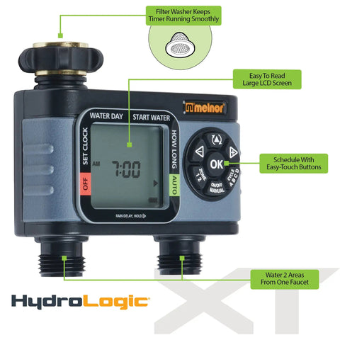 HydroLogic Digital Hose Timer Dual Zone Watering Controller Bundle With Quick Connect Two Independent Valves Up To Four Start Times Per Valve Large Easy Read LCD No Fuss Setup Manual Mode Battery Operated Black And Grey