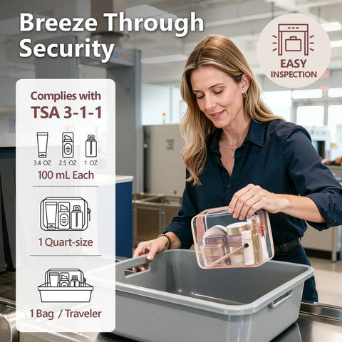 Woman using TSA Ready Travel Toiletry Bag Set, Clear Makeup Bags 3 Pack Medium at airport security, see-through design in a tray.