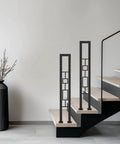 U Shaped Wrought Iron Stair Handrail Featuring Tough As Nails Rectangle Railing With Rock Solid Non Slip Base For Indoor Outdoor Porch Deck Loft Safety Support Two Pack Matte Black with a modern design on wooden stairs.