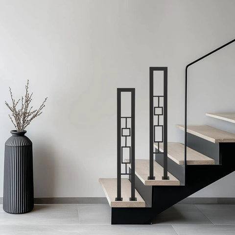 U Shaped Wrought Iron Stair Handrail Featuring Tough As Nails Rectangle Railing With Rock Solid Non Slip Base For Indoor Outdoor Porch Deck Loft Safety Support Two Pack Matte Black with a modern design on wooden stairs.