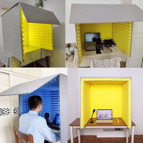 Portable Vocal Booth Soundproof Desk Shield For Top Tier Home Studio Vocal Recordings Built With 360 Degree Sound Absorbing Foam, Yellow and Gray Design, Desk Setup