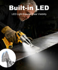 WeToolGoo Cordless Brushless Metal Shears For Dewalt 20V Max Cutting Up To 14 Gauge Steel And Stainless Sheet With 500Nm Torque And Swiveling Head For Iron Leather Cardboard Without Battery Included in use with LED light cutting through metal.
