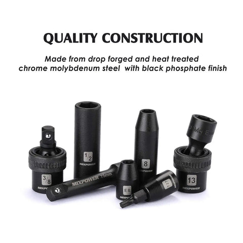 Three Eighths Inch Drive Impact Socket Set, 87 Piece Deep And Standard SAE And Metric, CRMO Steel components with construction details