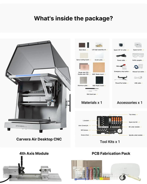 Air Desktop CNC Mill With 4th Axis And PCB Fabrication Pack showing contents inside package and components layout.
