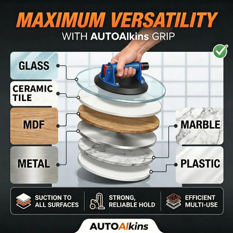Heavy Duty 8 Inch Vacuum Suction Cups For Glass And Tile, 2 Pack Industrial Lifting Tool with Pump Handle shown on multiple surfaces.