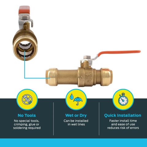 Three Quarter Inch Slip Ball Valve Push To Connect Brass Plumbing Fitting for PEX Copper CPVC PERT HDPE side view with details