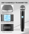 Wireless Microphone System With Two Handheld Mics 100 Channels Each 328 Ft UHF Range close-up of mic with meshed head and display
