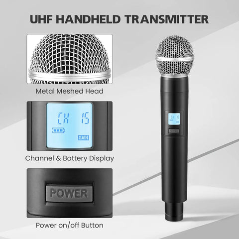 Wireless Microphone System With Two Handheld Mics 100 Channels Each 328 Ft UHF Range close-up of mic with meshed head and display