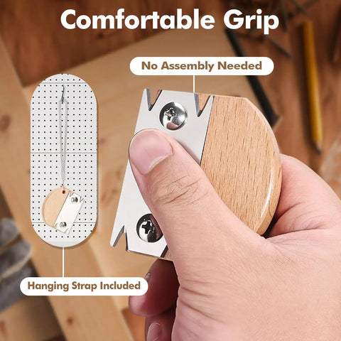 Pro Grade Wooden Edge Banding Trimmer With Three Replacement Blades and Comfortable Wood Handle in hand showing ergonomic grip