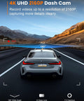 Car view displaying 4K Front Dash Cam With 5G WiFi And 64GB Card Included, Ultra Wide 160 Degree Lens, Mini Car Camera features.