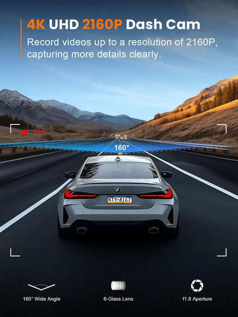 Car view displaying 4K Front Dash Cam With 5G WiFi And 64GB Card Included, Ultra Wide 160 Degree Lens, Mini Car Camera features.