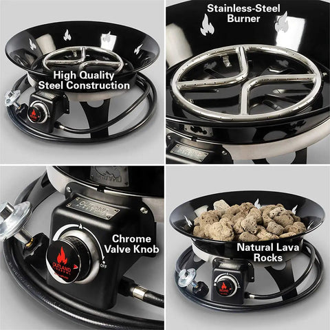 Close-up of Portable Propane Fire Pit 21 Inch Smokeless Gas Firebowl With 58,000 BTU featuring steel burner, valve, and lava rocks.