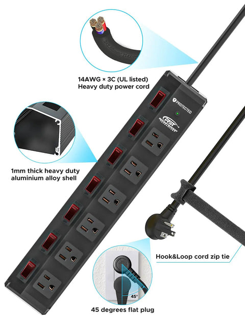 Beefy Heavy Duty Metal Power Strip With Individual On Off Switches, Extra Wide 1.77 Inch Spacing For Large Plugs, Six Outlets, 6 Foot Surge Protector 1200J, Wall Mountable For Garage Or Workshop, 15A 1875W with detailed features shown.