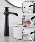 Matte Black Farmhouse Vessel Sink Faucet With One Hole, Tall Above Counter Waterfall Style, Single Handle in use view