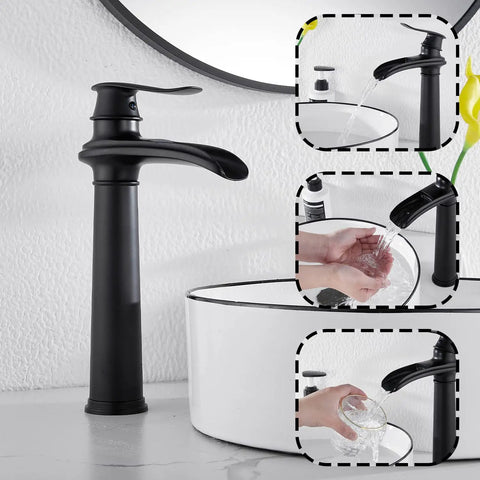 Matte Black Farmhouse Vessel Sink Faucet With One Hole, Tall Above Counter Waterfall Style, Single Handle in use view