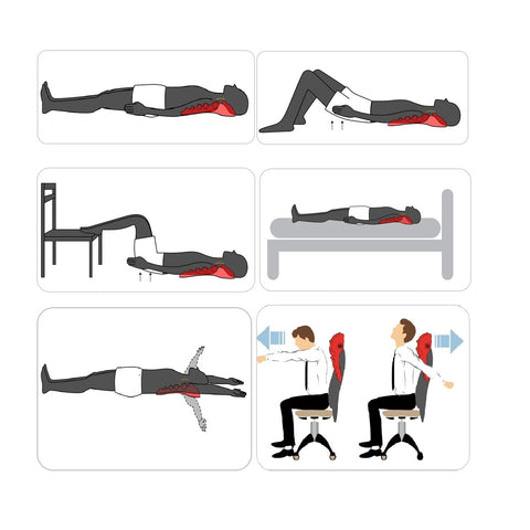Illustrations showing usage of Trapezius Massager for neck and upper back pain relief, manual trigger point tool.