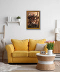 5D Diamond Painting Kit For Adults Highland Cow Diamond Art displayed above yellow sofa in living room