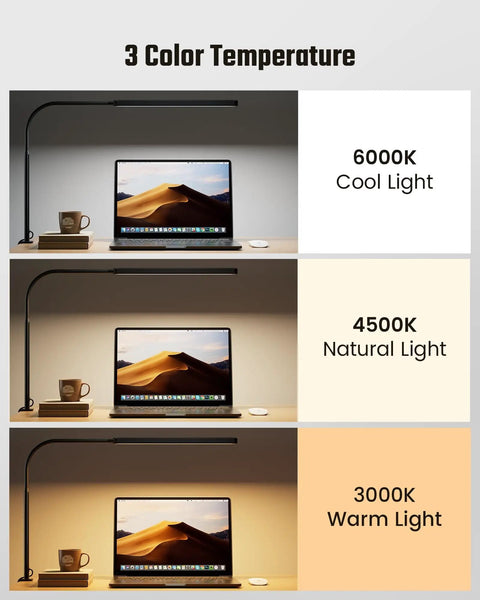 Eye Friendly LED Desk Lamp With 360 Degree Flexible Gooseneck Clamp On Light For Home Office And Dorm, showing three color temperatures.