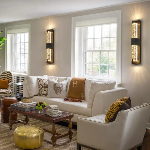 Living room with LED Wall Sconce Light 19 Inch Black Modern Dope Crystal Glass Wall Lamps Dimmable 3000K Warm White