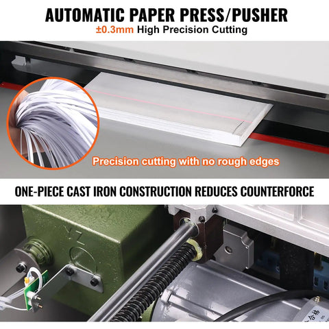 VEVOR Heavy Duty Electric Hydraulic Paper Cutter 18 Inch Cutting Width With Four Inch Thick Capacity Industrial Paper Trimmer Machine Featuring Button Control For Precision Cuts And Sturdy Metal Construction - close-up of automatic paper press for precision cutting.