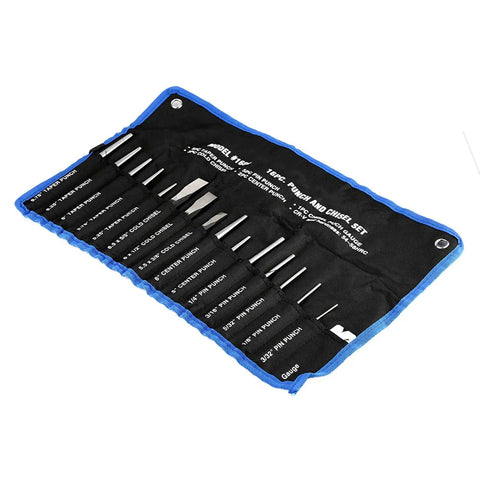 Heavy Duty 16 Piece Punch And Chisel Set With Pin Punch And Center Taper Tools, Heat Treated Steel, Rust Resistant Build, Engraved Size Gauges For Dowel Removal And Nut Alignment, Beefy Auto And Maintenance Kit in roll case
