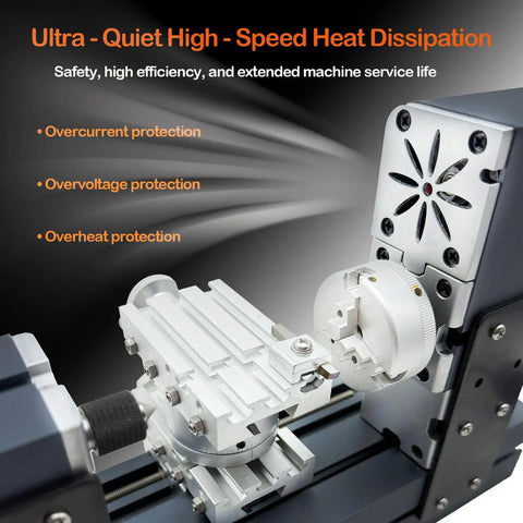 60W High Power Mini Metal Lathe Machine 12000 RPM 4 Axis Desktop Turning Tool 150mm Capacity showcasing high-speed heat dissipation features.