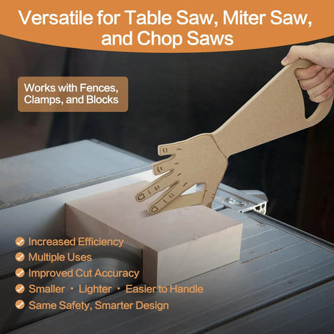 Person using Ergonomic Hand Shape Table Saw Push Stick With Missing Finger Design for safer woodworking with block on saw.