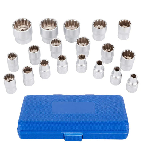 Heavy Duty 19 Piece Half Inch Drive Universal Spline Socket Set With 12 Point Chrome Vanadium Sockets Metric Eight To Thirty Two Millimeters For Auto Repair And Mechanical Projects Ready To Tackle Any Job With Beefy Torque shown with blue case