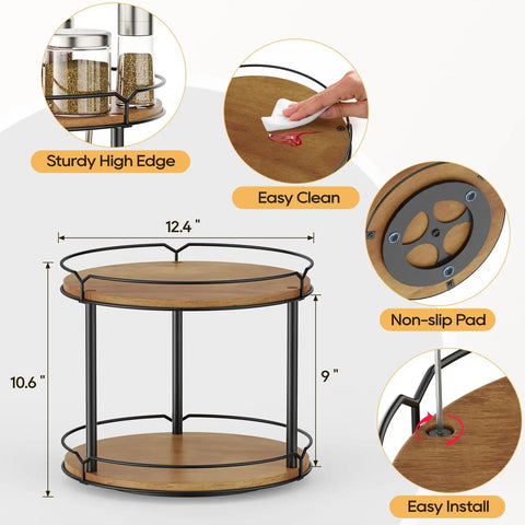12.4 Inch Two Tier Lazy Susan Organizer Rotating Wooden Spice Rack with sturdy edges and easy clean feature for kitchen use.