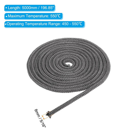 Graphite fiberglass round stove gasket rope, black, braided, 5/16 in x 197 in, coiled