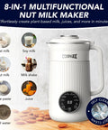 8 In 1 Nut Milk Maker Blender 32oz Capacity For Creamy Soy Almond Oat Coconut And Plant Based Non Dairy Beverages With Delay Start And Keep Warm For Easy Homemade Milks on wooden surface with functions listed around