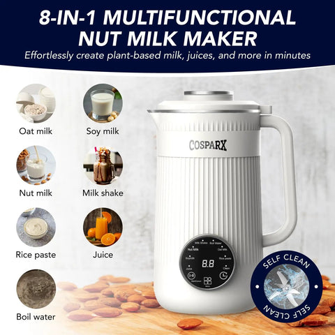 8 In 1 Nut Milk Maker Blender 32oz Capacity For Creamy Soy Almond Oat Coconut And Plant Based Non Dairy Beverages With Delay Start And Keep Warm For Easy Homemade Milks on wooden surface with functions listed around