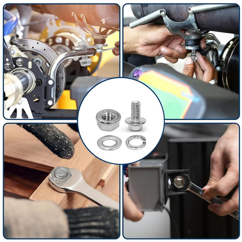 Vifmy 1/4-20 stainless flange-head bolts kit (248 pcs) with nuts and washers; collage shows front display, side installation, and close-up bolt.