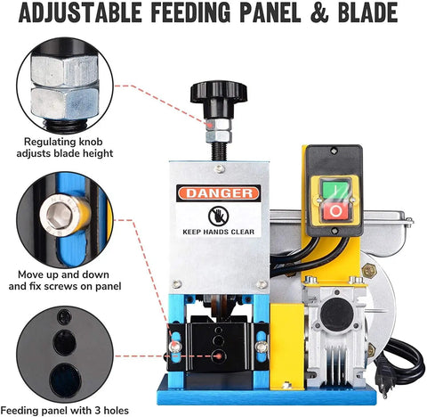 No Sweat Motorized Wire Stripper Machine 180W Automatic Cable Cutter with adjustable feeding panel and blade for 0.06 to 1 inch copper.