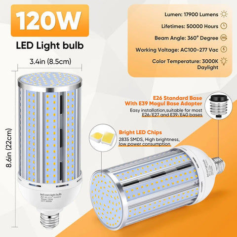 2 Pack 120W LED Corn Light Bulb Fanless 3000K Warm White 1200 Watt Equivalent E26 And E39 Mogul Base COB Lamp 15,800 Lumens