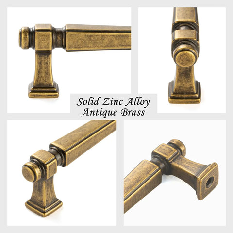 French Style Antique Brass Cabinet Pulls 3 Inch Center To Center Solid Metal Drawer Handles close-up view of antique brass pull