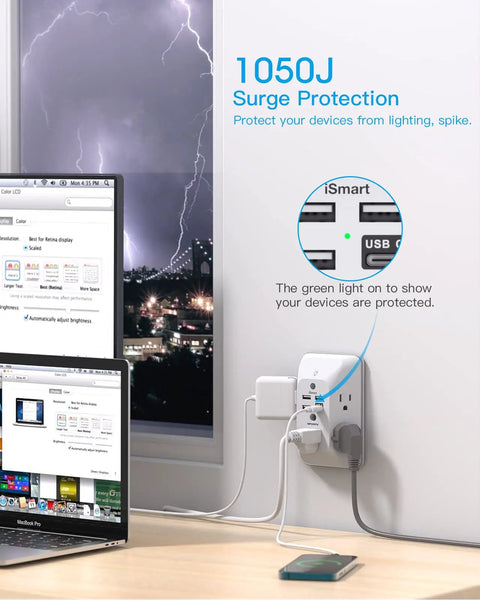 10 In 1 Outlet Extender With Night Light And USB Charger Surge Protector 4 USB Ports Plus 1 USB C 5 Wide Spaced Outlets