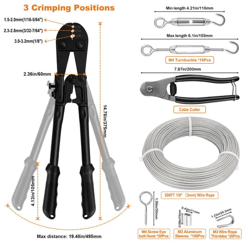 One Eighth Inch Vinyl Coated Stainless Steel Cable Rope Kit With Crimping Tool and components for DIY projects