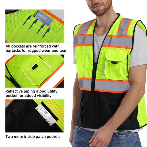 High Visibility Reflective Safety Vest With Pockets And Zipper, ANSI Class 2 Mesh, 3M Reflective Tape, Yellow And Black, Large