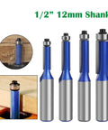Heavy Duty 12 Inch Flush Trim Router Bit With Smooth Bearing For Precision Wood Milling Cutter Template Trimming And Edge Cutting In Cabinetry Projects, 1/2 inch shank, blue and silver color, cutting wood.