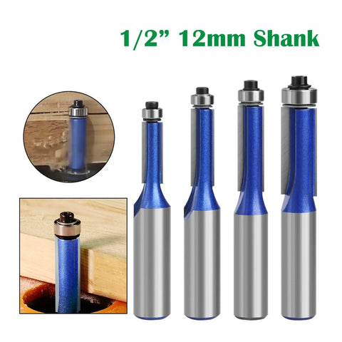 Heavy Duty 12 Inch Flush Trim Router Bit With Smooth Bearing For Precision Wood Milling Cutter Template Trimming And Edge Cutting In Cabinetry Projects, 1/2 inch shank, blue and silver color, cutting wood.
